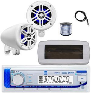 Dual MXD13 Single DIN Bluetooth Marine MP3 AM/FM Stereo Receiver with White Cover, 22" Radio Antenna, Wire, 2x 4" 150 Watt Max 2-Way Waterproof Off-Road Audio Speakers (White)