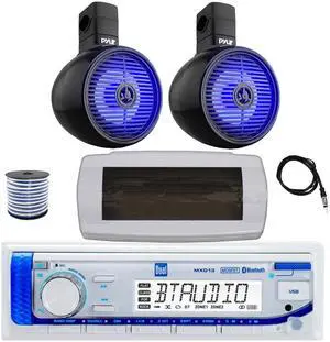 Dual MXD13 Single DIN Bluetooth Marine MP3 AM/FM Stereo Receiver with White Cover, 22" Radio Antenna, Wire, 2x 8" 300W Max 2-Way Full Range Wakeboard Built-in-LED Single Audio Speakers (Black) Dual MXD13 Single DIN Bluetooth Marine MP3 AM/FM Stereo Receiver with White Cover, 22" Radio Antenna, Wire, 2x 8" 300W Max 2-Way Full Range Wakeboard Built-in-LED Single Audio Speakers (Black)