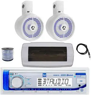Dual MXD13 Single DIN Bluetooth Marine MP3 AM/FM Stereo Receiver with White Cover, 22" Radio Antenna, Wire, 2x 8" 300W Max 2-Way Full Range Wakeboard Built-in-LED Single Audio Speakers (White) Dual MXD13 Single DIN Bluetooth Marine MP3 AM/FM Stereo Receiver with White Cover, 22" Radio Antenna, Wire, 2x 8" 300W Max 2-Way Full Range Wakeboard Built-in-LED Single Audio Speakers (White)