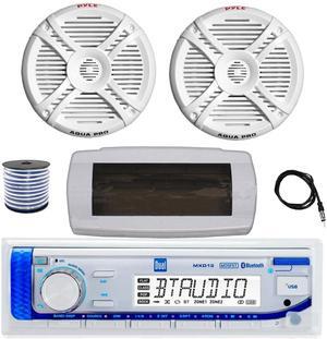 Dual MXD13 Single DIN Bluetooth Marine MP3 AM/FM Stereo Receiver with White Cover, 22" Radio Antenna, Wire, 2x 7.7" 280 Watt Peak 2-Way Full Range Boat Audio Speakers (White)