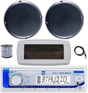 Dual MXD13 Single DIN Bluetooth Marine MP3 AM/FM Stereo Receiver with White Cover, 22" Radio Antenna, Wire, 2x 5.25" 20 Watt Max Polycone Audio Speakers (Black, Bulk Packaging)