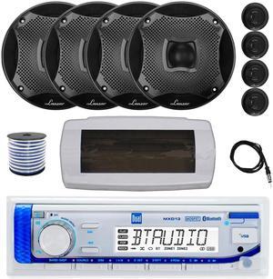 Dual MXD13 Single DIN Bluetooth Marine MP3 AM/FM Stereo Receiver with White Cover, 22" Radio Antenna, Wire, 4x 6.5" 450 Watt Peak 2-Way Water Resistant Boat Audio Speakers (Black)