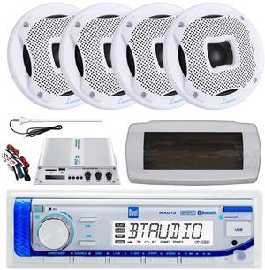 Dual MXD13 Single DIN Bluetooth Marine MP3 AM/FM Stereo Receiver with White Cover, Long Range Antenna, Amplifier w/Kit, 4x 6.5" 450 Watt Peak 2-Way Water Resistant Boat Audio Speakers (White)