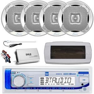 Dual MXD13 Single DIN Bluetooth Marine MP3 AM/FM Stereo Receiver with White Cover, Long Range Antenna, Amplifier w/Kit, 4x 6.5" 400W Max 2-Way Water Resistant Audio Speakers (Silver)
