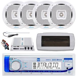 Dual MXD13 Single DIN Bluetooth Marine MP3 AM/FM Stereo Receiver with White Cover, Long Range Antenna, Amplifier w/Kit, 4x 6.5" 400W Max 2-Way Water Resistant Audio Speakers (White)