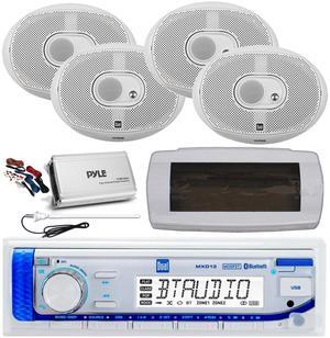 Dual MXD13 Single DIN Bluetooth Marine MP3 AM/FM Stereo Receiver with White Cover, Long Range Antenna, Amplifier w/Kit, 4x 6x9" 200 Watt Peak 3-Way Boat Audio Speakers (White)