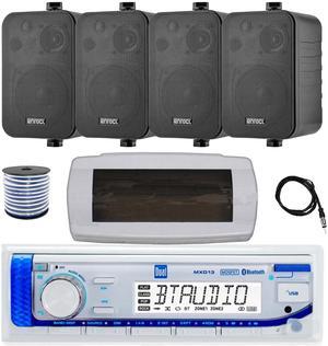 Dual MXD13 Single DIN Bluetooth Marine MP3 AM/FM Stereo Receiver with White Cover, 22" Radio Antenna, Wire, 4x 4" 30 Watt Peak Water-Resistant 3-Way InDoor/OutDoor Audio Speakers (Black)