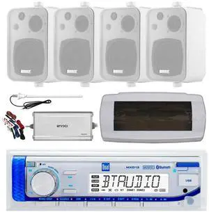 Dual MXD13 Single DIN Bluetooth Marine MP3 AM/FM Stereo Receiver, White Cover, Long Range Antenna, Amplifier w/Kit, 4x 4" 30 Watt Peak Water-Resistant 3-Way InDoor/OutDoor Audio Speakers (White)