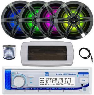 Dual MXD13 Single DIN Bluetooth Marine MP3 AM/FM Stereo Receiver with White Cover, 22" Radio Antenna, Wire, 4x 6.5" 120 Watt Peak Multicolor LED Boat Audio Speakers w/Chrome Grilles (Black)
