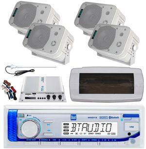 Dual MXD13 Single DIN Bluetooth Marine MP3 AM/FM Stereo Receiver with White Cover, Long Range Antenna, Amplifier w/Kit, 4x 5.25" 400W Max Indoor/Outdoor Waterproof Audio Speakers (White)