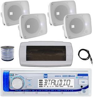 Dual MXD13 Single DIN Bluetooth Marine MP3 AM/FM Stereo Receiver with White Cover, 22" Radio Antenna, Wire, 4x 5.25" 600 Watt Max Power Bluetooth Indoor/Outdoor Waterproof Audio Speakers (White)