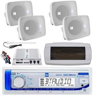 Dual MXD13 Single DIN Bluetooth Marine MP3 AM/FM Stereo Receiver, White Cover, Long Range Antenna, Amplifier w/Kit, 4x 5.25" 600 Watt Max Bluetooth Indoor/Outdoor Waterproof Audio Speakers (White)