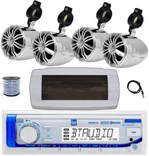 Dual MXD13 Single DIN Bluetooth Marine MP3 AM/FM Stereo Receiver with White Cover, 22" Radio Antenna, Wire, 4x 2.25" 10W Max Full Range Waterproof Off-Road Audio Speakers (Chrome)