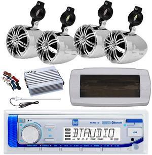 Dual MXD13 Single DIN Bluetooth Marine MP3 AM/FM Stereo Receiver with White Cover, Long Range Antenna, Amplifier w/Kit, 4x 2.25" 10W Max Full Range Waterproof Off-Road Audio Speakers (Chrome)