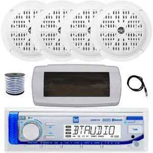 Dual MXD13 Single DIN Bluetooth Marine MP3 AM/FM Stereo Receiver with White Cover, 22" Radio Antenna, Wire, 4x 4'' 100 Watt Peak Full Range Dual Cone Waterproof Stereo Speakers (White) Dual MXD13 Single DIN Bluetooth Marine MP3 AM/FM Stereo Receiver with White Cover, 22" Radio Antenna, Wire, 4x 4'' 100 Watt Peak Full Range Dual Cone Waterproof Stereo Speakers (White)