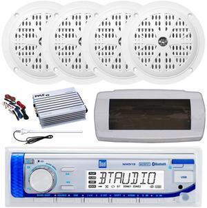 Dual MXD13 Single DIN Bluetooth Marine MP3 AM/FM Stereo Receiver with White Cover, Long Range Antenna, Amplifier w/Kit, 4x 4'' 100 Watt Peak Full Range Dual Cone Waterproof Stereo Speakers (White)