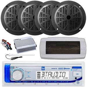 Dual MXD13 Single DIN Bluetooth Marine MP3 AM/FM Stereo Receiver, White Cover, Long Range Antenna, Amplifier w/Kit, 4x 5.25'' 100 Watt Peak Full Range Dual Cone Waterproof Stereo Speakers (Black)