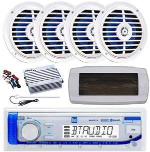 Dual MXD13 Single DIN Bluetooth Marine MP3 AM/FM Stereo Receiver, White Cover, Long Range Antenna, Amplifier w/Kit, 4x 5.25'' 100 Watt Peak Full Range Dual Cone Waterproof Stereo Speakers (White)