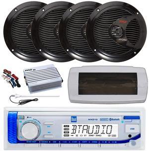 Dual MXD13 Single DIN Bluetooth Marine MP3 AM/FM Stereo Receiver with White Cover, Long Range Antenna, Amplifier w/Kit, 4x 6.5" 150 Watt Max Full Range Dual Cone Waterproof Stereo Speakers (Black)