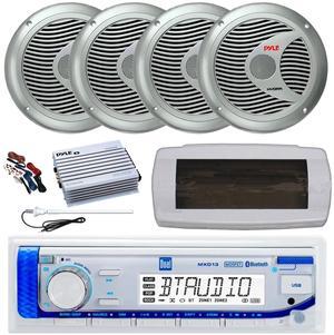 Dual MXD13 Single DIN Bluetooth Marine MP3 AM/FM Stereo Receiver with White Cover, Long Range Antenna, Amplifier w/Kit, 4x 6.5" 150 Watt Max Full Range Dual Cone Waterproof Stereo Speakers (Silver)