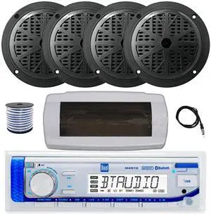 Dual MXD13 Single DIN Bluetooth Marine MP3 AM/FM Stereo Receiver with White Cover, 22" Radio Antenna, Wire, 4x 6.5" 120 Watt Max Full Range Dual Cone Waterproof Stereo Speakers (Black) Dual MXD13 Single DIN Bluetooth Marine MP3 AM/FM Stereo Receiver with White Cover, 22" Radio Antenna, Wire, 4x 6.5" 120 Watt Max Full Range Dual Cone Waterproof Stereo Speakers (Black)