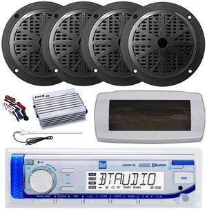 Dual MXD13 Single DIN Bluetooth Marine MP3 AM/FM Stereo Receiver with White Cover, Long Range Antenna, Amplifier w/Kit, 4x 6.5" 120 Watt Max Full Range Dual Cone Waterproof Stereo Speakers (Black)