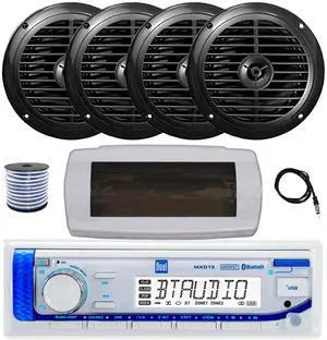 Dual MXD13 Single DIN Bluetooth Marine MP3 AM/FM Stereo Receiver with White Cover, 22" Radio Antenna, Wire, 4x 6.5" 120 Watt Peak Full Range Dual Cone Waterproof Stereo Speakers (Black) Dual MXD13 Single DIN Bluetooth Marine MP3 AM/FM Stereo Receiver with White Cover, 22" Radio Antenna, Wire, 4x 6.5" 120 Watt Peak Full Range Dual Cone Waterproof Stereo Speakers (Black)