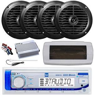 Dual MXD13 Single DIN Bluetooth Marine MP3 AM/FM Stereo Receiver with White Cover, Long Range Antenna, Amplifier w/Kit, 4x 6.5" 120 Watt Peak Full Range Dual Cone Waterproof Stereo Speakers (Black)