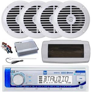 Dual MXD13 Single DIN Bluetooth Marine MP3 AM/FM Stereo Receiver with White Cover, Long Range Antenna, Amplifier w/Kit, 4x 6.5" 120 Watt Peak Full Range Dual Cone Waterproof Stereo Speakers (White)