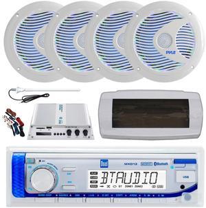 Dual MXD13 Single DIN Bluetooth Marine MP3 AM/FM Stereo Receiver, White Cover, Long Range Antenna, Amplifier w/Kit, 4x 6.5'' 150 Watt Max Dual Cone Multicolor LED Audio Speakers (White) w/Remote