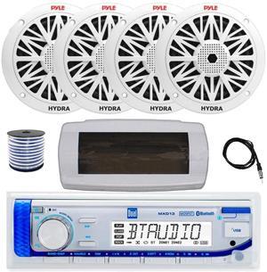 Dual MXD13 Single DIN Bluetooth Marine MP3 AM/FM Stereo Receiver with White Cover, 22" Radio Antenna, Wire, 4x 8'' 300W Max Full Range Dual Cone Waterproof Stereo Speakers (White)