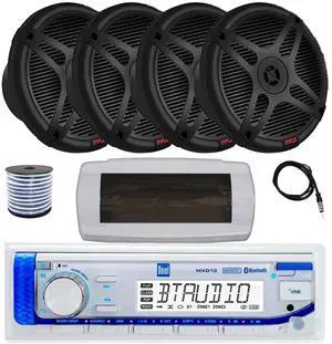 Dual MXD13 Single DIN Bluetooth Marine MP3 AM/FM Stereo Receiver with White Cover, 22" Radio Antenna, Wire, 4x 6.5" 600 Watt Max 2-Way Full Range Waterproof Wireless RF Streaming Speakers (Black) Dual MXD13 Single DIN Bluetooth Marine MP3 AM/FM Stereo Receiver with White Cover, 22" Radio Antenna, Wire, 4x 6.5" 600 Watt Max 2-Way Full Range Waterproof Wireless RF Streaming Speakers (Black)