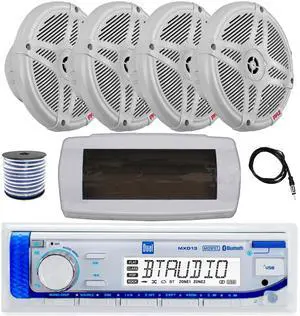 Dual MXD13 Single DIN Bluetooth Marine MP3 AM/FM Stereo Receiver with White Cover, 22" Radio Antenna, Wire, 4x 6.5" 600 Watt Max 2-Way Full Range Waterproof Wireless RF Streaming Speakers (White) Dual MXD13 Single DIN Bluetooth Marine MP3 AM/FM Stereo Receiver with White Cover, 22" Radio Antenna, Wire, 4x 6.5" 600 Watt Max 2-Way Full Range Waterproof Wireless RF Streaming Speakers (White)