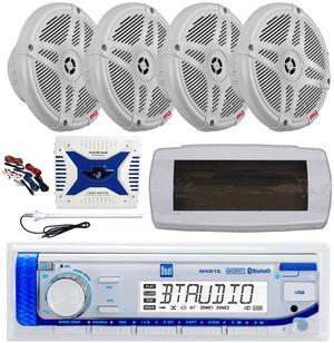 Dual MXD13 Single DIN Bluetooth Marine MP3 AM/FM Stereo Receiver, White Cover, Long Range Antenna, Amplifier w/Kit, 4x 6.5" 600 Watt Max 2-Way Waterproof Wireless RF Streaming Speakers (White)
