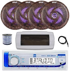 Dual MXD13 Single DIN Bluetooth Marine MP3 AM/FM Stereo Receiver with White Cover, 22" Radio Antenna, Wire, 4x 6.5'' 240 Watt Peak  Slim Waterproof Multicolor LED Stereo Speakers (Camo)