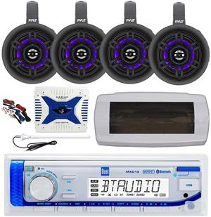 Dual MXD13 Single DIN Bluetooth Marine MP3 AM/FM Stereo Receiver with White Cover, Long Range Antenna, Amplifier w/Kit, 4x 4" 300W Max Bluetooth Waterproof Wakeboard LED Tower Speakers (Black)