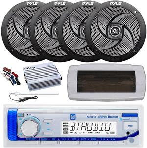 Dual MXD13 Single DIN Bluetooth Marine MP3 AM/FM Stereo Receiver, White Cover, Long Range Antenna, Amplifier w/Kit, 4x 5.25" 180 Watt Max 2-Way Waterproof  Boat Audio Speakers (Black)