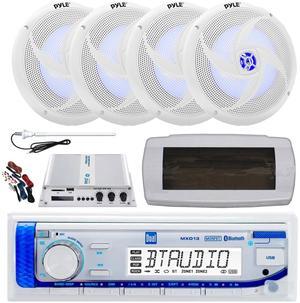 Dual MXD13 Single DIN Bluetooth Marine MP3 AM/FM Stereo Receiver, White Cover, Long Range Antenna, Amplifier w/Kit, 4x 6'' 240 Watt Peak  2-Way Blue Flashing LED Audio Speakers (White)