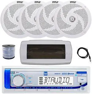 Dual MXD13 Single DIN Bluetooth Marine MP3 AM/FM Stereo Receiver with White Cover, 22" Radio Antenna, Wire, 4x 6'' 240 Watt Max  2-Way Boat Audio Speakers (White)