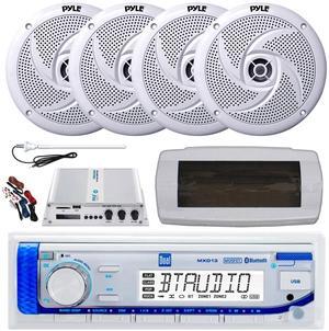 Dual MXD13 Single DIN Bluetooth Marine MP3 AM/FM Stereo Receiver with White Cover, Long Range Antenna, Amplifier w/Kit, 4x 6'' 240 Watt Max  2-Way Boat Audio Speakers (White)