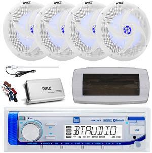 Dual MXD13 Single DIN Bluetooth Marine MP3 AM/FM Stereo Receiver, White Cover, Long Range Antenna, Amplifier w/Kit, 4x 8'' 320 Watt Max  2-Way Blue Flashing LED Boat Speakers (White)