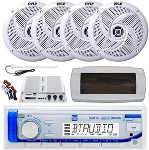 Dual MXD13 Single DIN Bluetooth Marine MP3 AM/FM Stereo Receiver with White Cover, Long Range Antenna, Amplifier w/Kit, 4x 8'' 320 Watt Max  2-Way Boat Audio Speakers (White)