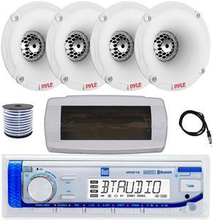 Dual MXD13 Single DIN Bluetooth Marine MP3 AM/FM Stereo Receiver with White Cover, 22" Radio Antenna, Wire, 4x 1" 120 Watt Max Waterproof Audio Tweeters w/Crossover Network (White)