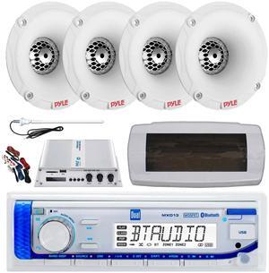 Dual MXD13 Single DIN Bluetooth Marine MP3 AM/FM Stereo Receiver with White Cover, Long Range Antenna, Amplifier w/Kit, 4x 1" 120 Watt Max Waterproof Audio Tweeters w/Crossover Network (White)