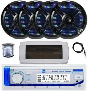 Dual MXD13 Single DIN Bluetooth Marine MP3 AM/FM Stereo Receiver with White Cover, 22" Radio Antenna, Wire, 4x 6.5" 250 Watt Max 2-Way Waterproof Multicolor LED Audio Speakers (Black)