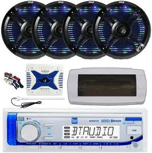Dual MXD13 Single DIN Bluetooth Marine MP3 AM/FM Stereo Receiver with White Cover, Long Range Antenna, Amplifier w/Kit, 4x 6.5" 250 Watt Max 2-Way Waterproof Multicolor LED Audio Speakers (Black) Dual MXD13 Single DIN Bluetooth Marine MP3 AM/FM Stereo Receiver with White Cover, Long Range Antenna, Amplifier w/Kit, 4x 6.5" 250 Watt Max 2-Way Waterproof Multicolor LED Audio Speakers (Black)