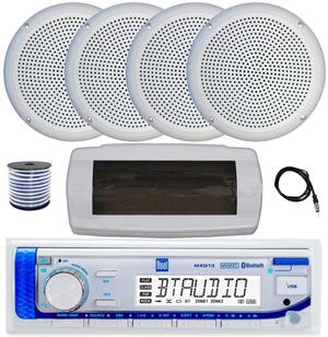 Dual MXD13 Single DIN Bluetooth Marine MP3 AM/FM Stereo Receiver with White Cover, 22" Radio Antenna, Wire, 4x 5.25" 20 Watt Max Polycone Audio Speakers (White, Bulk Packaging)