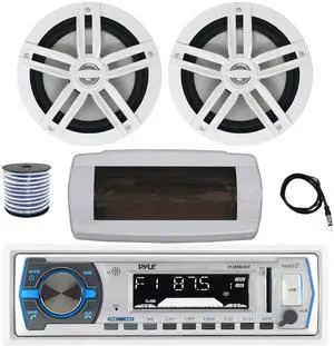 Pyle PLMRB29W Single DIN Bluetooth Marine MP3 AM/FM Stereo Receiver with White Cover, 22" Radio Antenna, Wire, 2x 6.5" 180 Watt Peak Power 2-Way Boat Audio Speakers (White)