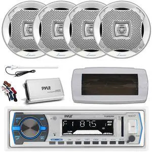 Pyle PLMRB29W Single DIN Bluetooth Marine MP3 AM/FM Stereo Receiver with White Cover, Long Range Antenna, Amplifier w/Kit, 4x 6.5" 400W Max 2-Way Water Resistant Audio Speakers (Silver)