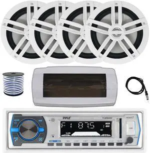 Pyle PLMRB29W Single DIN Bluetooth Marine MP3 AM/FM Stereo Receiver with White Cover, 22" Radio Antenna, Wire, 4x 6.5" 180 Watt Peak Power 2-Way Boat Audio Speakers (White)